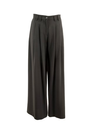 Pantalons larges noirs en tissu lisse, avec une taille haute, des plis avant, une fermeture à un bouton et des passants de ceinture doubles.