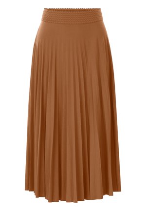 Fustă midi plisată maro, cu talie elastică lată texturată, material fluid și o siluetă ușor în formă de A.
