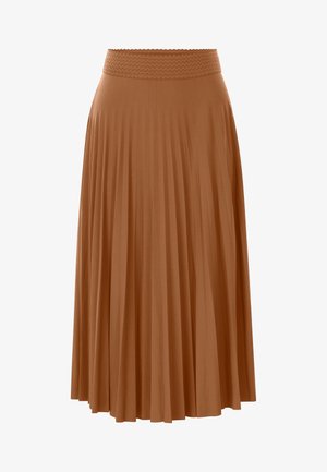 Smeđa plisirana midi suknja sa širokim teksturiranim elastičnim pojasom, laganom tkaninom i blagim A-linijskim krojem.