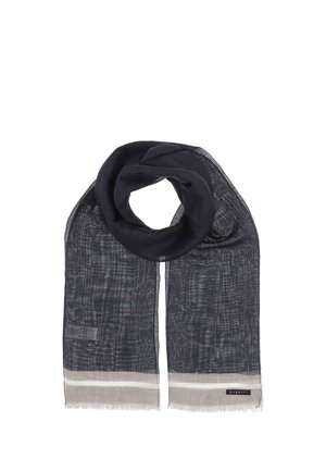 Navy blue scarf made of lightweight material, featuring a textured pattern and beige striped accents on the ends. Fringed edges.