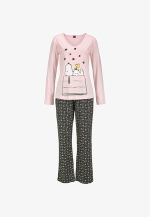 Rosa Langarm-Pyjama-Oberteil mit Snoopy-Grafik, kombiniert mit schwarz bedruckten Blumen-Hosen. Aus weichem Baumwollstoff, lockerer Schnitt und mit V-Ausschnitt.