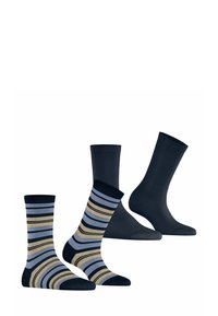 Drei Paar Socken: ein einfarbiges dunkles Marineblau, zwei mit horizontalen Streifen in Marineblau, Hellblau und Gold. Alle sind mit gepolsterten Zehen und Fersen ausgestattet.