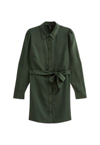 Dunkelgrünes Hemdkleid aus weichem Stoff; verfügt über einen Kragen, eine durchgehende Knopfleiste, lange Ärmel und einen Bindegürtel in der Taille.