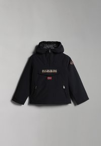 Marinblå hooded jacka med dragkedja fram, stor framficka och logotyp-patch. Har sidodragkedjor och elastiska muddar för komfort.