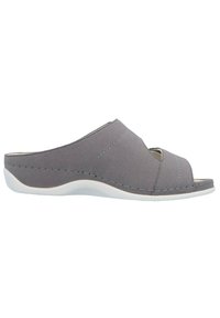 Gray open-toe slip-on shoe with textured fabric upper, contrasting white sole, and stitched accents along the edges. Lightweight design.