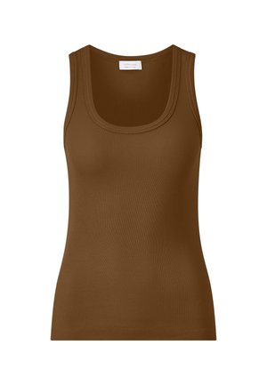 Ärmelloses braunes, geripptes Tanktop mit Rundhalsausschnitt, figurbetonter Passform und Stoffetikett im Krageninneren.