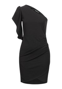 Robe noire en tissu extensible, dotée d'un col asymétrique, d'une manche bouffante, et d'un devant drapé avec un détail noué.