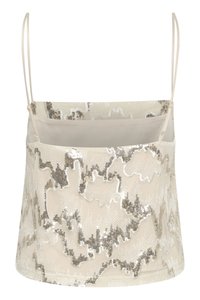 Camisole top in beige with a textured silver sequin pattern, featuring thin straps and a straight hem. Lightweight and semi-sheer fabric.
