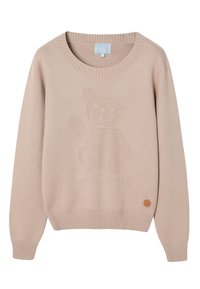 Maglione beige lavorato a maglia con collo e polsini a coste, caratterizzato da un design di orsetto in rilievo sul davanti e una patch rotonda con logo sull'orlo.