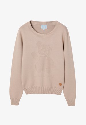 Beige strikket sweater med ribbet halsudskæring og manchetter, prydet med et præget teddy-bjørn design på forsiden og et rundt logo-patch i kanten.
