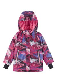 Chaqueta impermeable para niños en rosa, morado y negro con un patrón de puntos. Presenta una capucha, cremallera frontal y bolsillos con cremallera. Incluye puños elásticos.