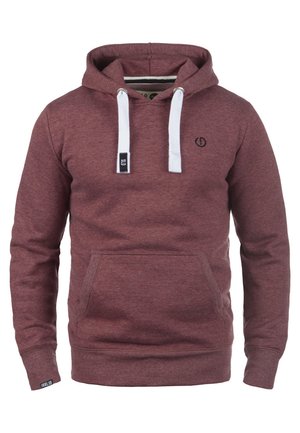 Maroon hoodie featuring a front pocket, drawstrings with white accents, and a small logo on the chest. Made of soft, textured material.