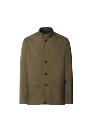 Giacca verde oliva con colletto alla mandarina, chiusura frontale con bottoni e due tasche frontali. Realizzata in un tessuto strutturato.