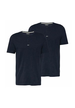 Two navy blue short-sleeve Henley shirts with three front buttons and round necklines, displayed against a white background.