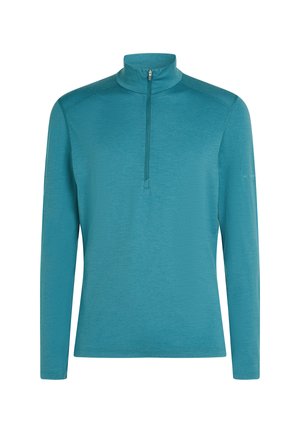 Dlouhý rukáv, tyrkysový pulovr s čtvrtinovým zipem a stojáčkovým límcem, vyrobený z hladkého, lehkého materiálu.