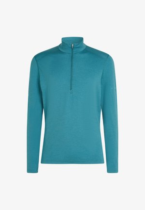Langærmet teal pullover med kvart lynlås og opretstående krave, lavet af glat, letvægtsstof.