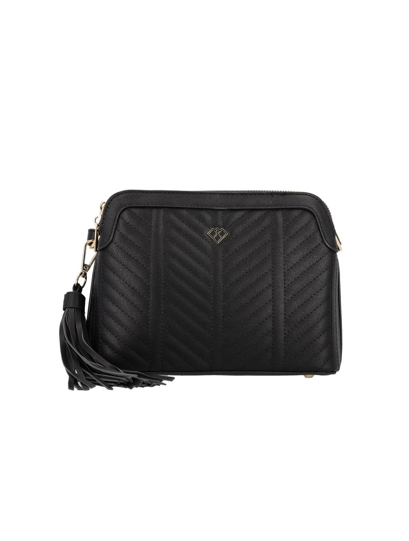 Geantă neagră matlasată cu un model texturat de tip chevron, accesorii din aur și un accent cu ciucure negru pe lateral. Închidere cu fermoar în partea de sus.