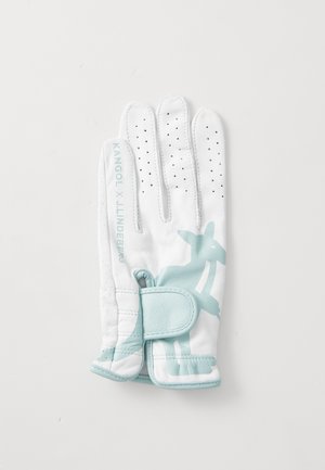 Gant de golf blanc avec des accents vert menthe et des perforations. Il présente un graphique d'un lapin et une sangle Velcro pour une fermeture sécurisée.