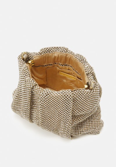 Metallic gold handbag with a textured exterior covered in small rhinestones. Features a fabric interior with additional pockets and a clasp closure.
