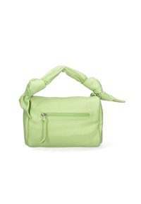 Borsa in ecopelle verde con manico annodato, forma rettangolare, scomparto principale con zip e tasca frontale con cerniera.