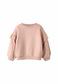 Felpa a maniche lunghe rosa chiaro con collo rotondo e dettagli a volant sulle maniche superiori, e polsini e orlo a costine.