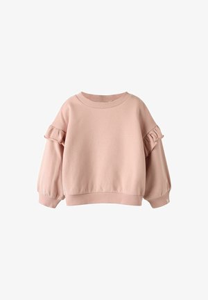 Sudadera de manga larga color rosa claro con cuello redondo y detalle de volantes en la parte superior de las mangas, y puños y dobladillo acanalados.