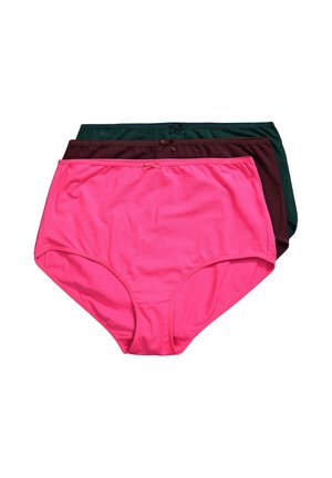 Tres pares de ropa interior femenina de talle alto apilados, de color rosa brillante, marrón oscuro y verde oscuro, cada uno con un pequeño lazo en la cintura.