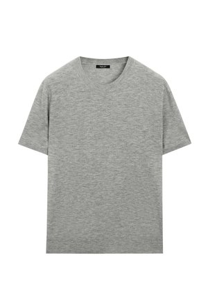 Maglietta a maniche corte in maglia grigia semplice con scollatura rotonda e una piccola etichetta nera all'interno del colletto.