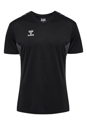 Sort V-hals sportskjorte lavet af glat stof, med grå accenter på skuldrene og et lille logo på brystet.