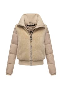 Beige jas met een gewatteerde, fuzzy fleece voorkant en gladde, gewatteerde mouwen. Heeft een hoge kraag en een rits aan de voorkant, geribbelde manchetten en een geribbelde zoom.