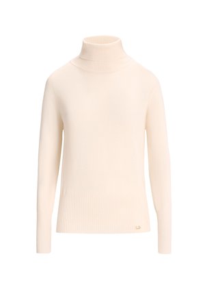 Cream turtleneck sweater made of soft material, featuring ribbed texture at the cuffs and hem, with a small gold logo detail at the bottom.