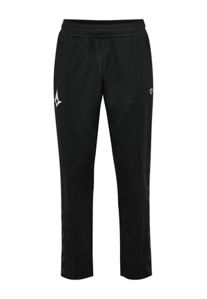 Zwarte sportbroek met een elastische tailleband, ritszakken, zijstrepen en een logo aan de voorkant, gemaakt van een zachte, ademende stof.