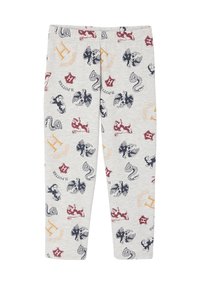 Light gray pants with repeated Harry Potter-themed prints, including snakes, lions, eagles, Hogwarts crests, and the word "Hogwarts."