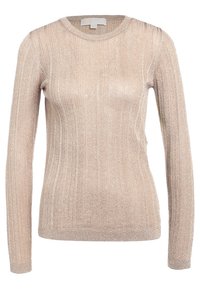 Top de punto acanalado de manga larga en color beige con un acabado brillante, cuello redondo y silueta ajustada. Textura suave y detalles de brillo sutil.
