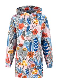 Kapuzenpullover mit einem bunten Blumenmuster, das verschiedene Formen, darunter Blätter und Blumen, auf einem hellrosa Hintergrund zeigt.
