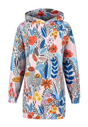 Hoodie met een kleurrijke bloemenprint met verschillende vormen, waaronder bladeren en bloemen, op een lichtroze achtergrond.