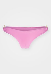 Rosa bikini-bunn laget av glatt stoff, med sidefolder og detaljer i gulltone. Klassisk trekantform.