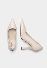 Beige patent leather high-heeled pumps with a pointed toe, low cut sides, and a slender stiletto heel. Minimalist design and smooth texture.
