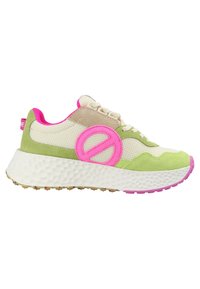 Sneakers featuring a mesh upper in beige with green and pink suede accents, chunky textured white sole, and prominent circular logo detail.