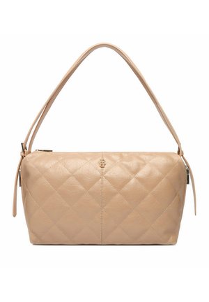 Borsa a tracolla in pelle beige trapuntata con doppie cinghie, forma rettangolare e piccolo dettaglio logo metallico al centro frontale.