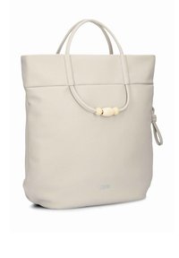 Sac fourre-tout en cuir gris clair avec deux poignées supérieures, une texture lisse, un détail arrondi avec des accents de perles, et un design minimaliste.