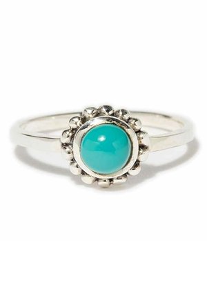 Bague en argent avec une pierre turquoise ronde au centre, entourée de petits accents en perles d'argent sur un anneau simple.