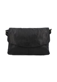 Černá kožená kabelka přes rameno s klopovým uzávěrem. Hladký povrch, obdélníkový tvar a nastavitelný popruh. Žádné viditelné kovové detaily.