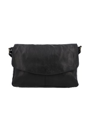 Sort læder crossbody taske med klaplukning. Glat tekstur, rektangulær form og justerbar rem. Ingen synlige hardware detaljer.