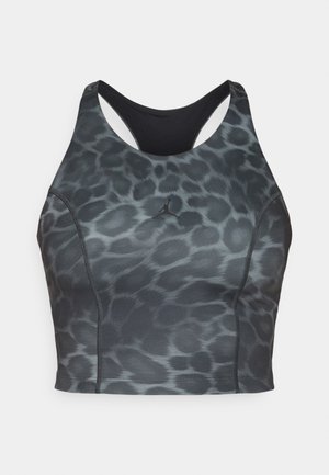 Sportbeha met een zwart-grijs dierenprint, gemaakt van rekbare stof met een racerback-stijl en logodetail aan de voorkant.