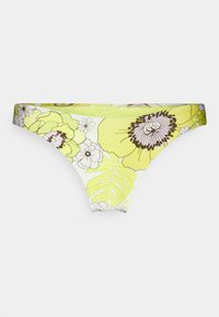 Parte de baixo de bikini floral em amarelo e branco. Apresenta flores vibrantes, folhas e uma textura suave com uma cintura elástica para um melhor ajuste.