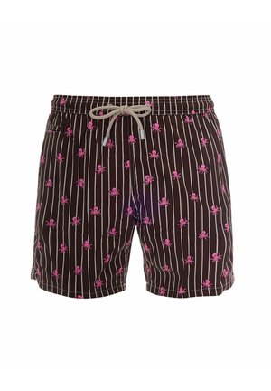 Costume da bagno nero con righe verticali bianche e motivi sparsi di polpi rosa, con vita beige con coulisse e tasca laterale.