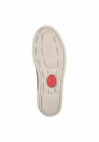 Suola della scarpa in gomma beige con superficie testurizzata, dotata di un logo circolare rosso al centro e un motivo di battistrada minimale. Taglia 37.