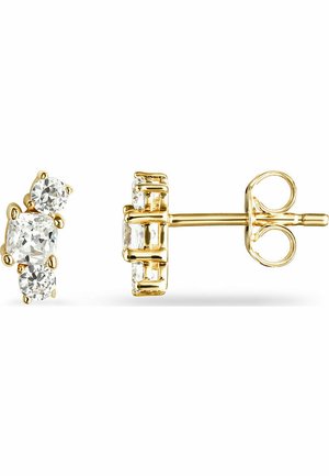 Guld-tone stud øreringe med tre klare, runde cubic zirconia sten i et klynge-design. Glat metalfinish med sikker baggrund.
