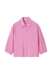 Rosa skjorte med knapper lavet af glat stof, med spredt krave og korte ballonærmer. Bagpå er der en lige kant.